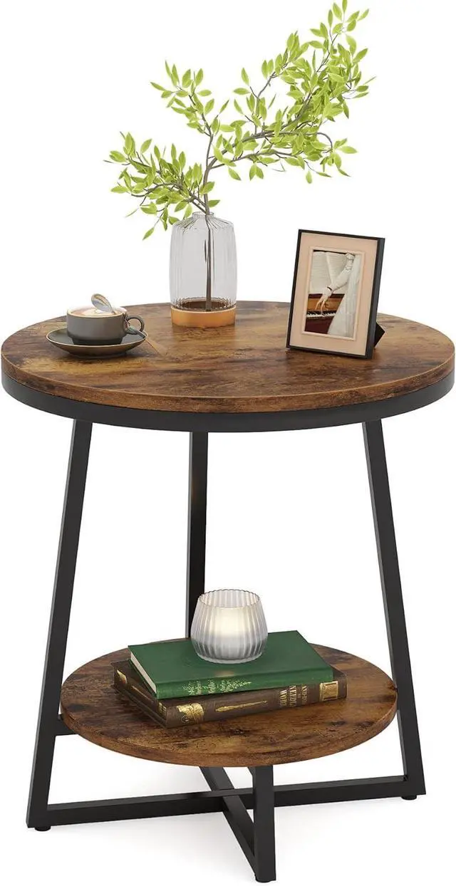 Alt view image 2 of 4 - 19.68" Industrial End Table with Storage Shelf  2-Tier Round Side Table for Small Spaces, Rustic Brown  Sturdy Nightstand, Bedside Table, or Coffee Table for Living Room & Bedroom