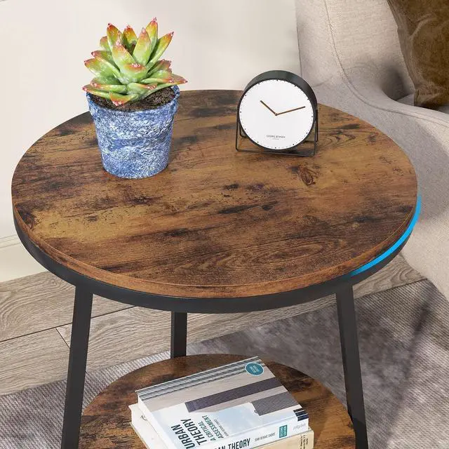 Alt view image 4 of 4 - 19.68" Industrial End Table with Storage Shelf  2-Tier Round Side Table for Small Spaces, Rustic Brown  Sturdy Nightstand, Bedside Table, or Coffee Table for Living Room & Bedroom