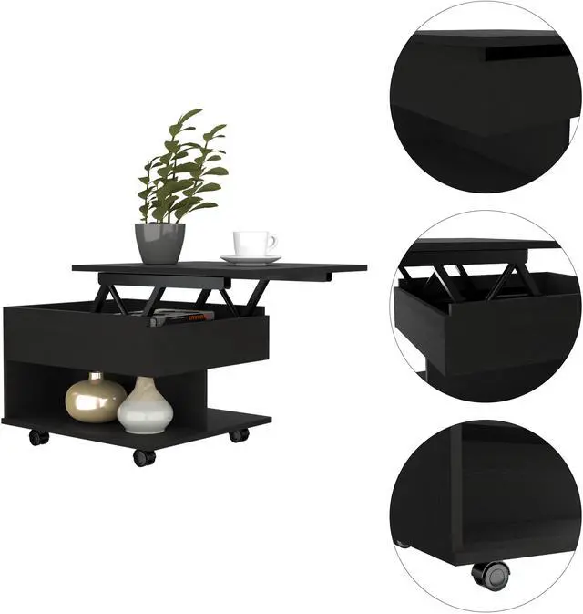 Alt view image 5 of 6 - Lift Top Coffee Table, Casters, One Shelf, Black