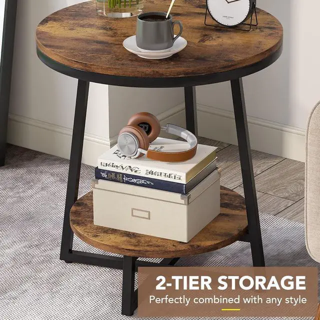 Alt view image 3 of 4 - 19.68" Industrial End Table with Storage Shelf  2-Tier Round Side Table for Small Spaces, Rustic Brown  Sturdy Nightstand, Bedside Table, or Coffee Table for Living Room & Bedroom
