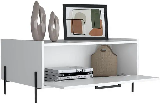Alt view image 7 of 7 - Shan 15" High Minimalistic Coffe Table with Pull Down Cabinet and Open Shelf White