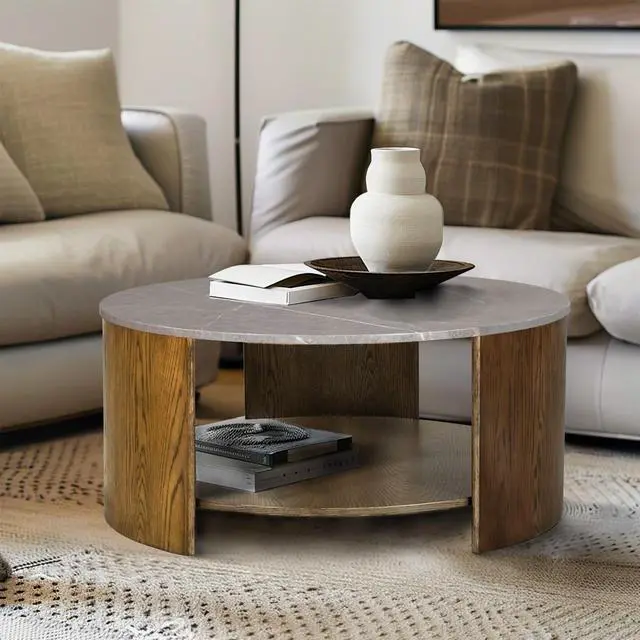 Main image of Round Mixed Material Coffee Table with Shelf