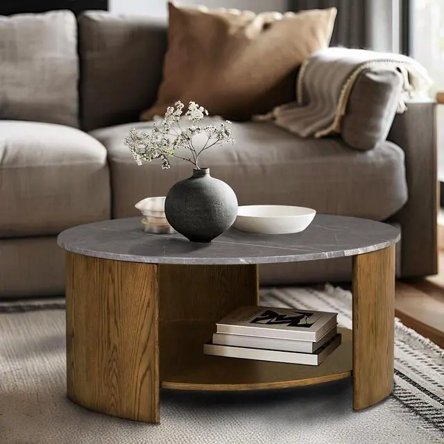 Alt view image 2 of 7 - Round Mixed Material Coffee Table with Shelf