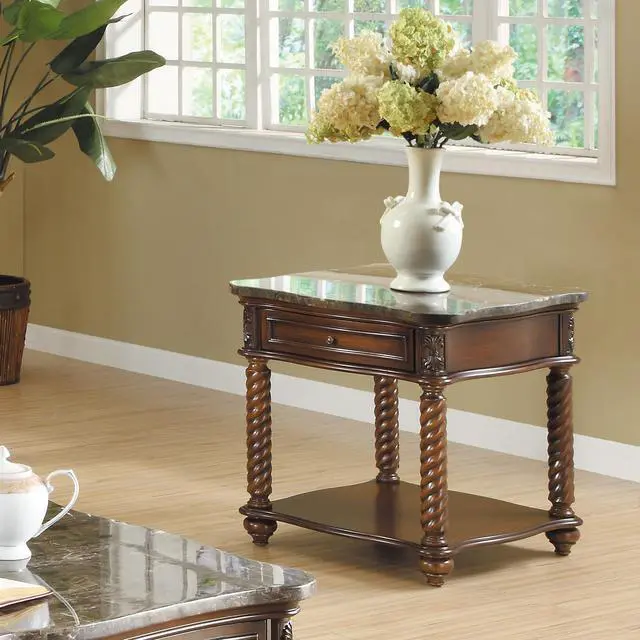 Main image of Traditional Formal Marble Top End Table with Drawer Lower Shelf Mahogany Finish Spiral Turned Legs Wooden 1pc Living Room Furniture Side Table