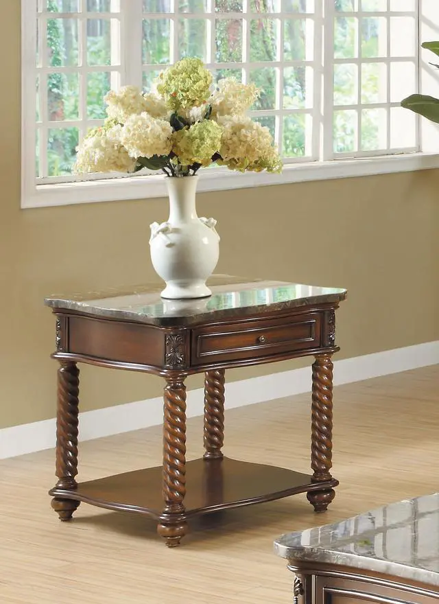 Alt view image 5 of 5 - Traditional Formal Marble Top End Table with Drawer Lower Shelf Mahogany Finish Spiral Turned Legs Wooden 1pc Living Room Furniture Side Table