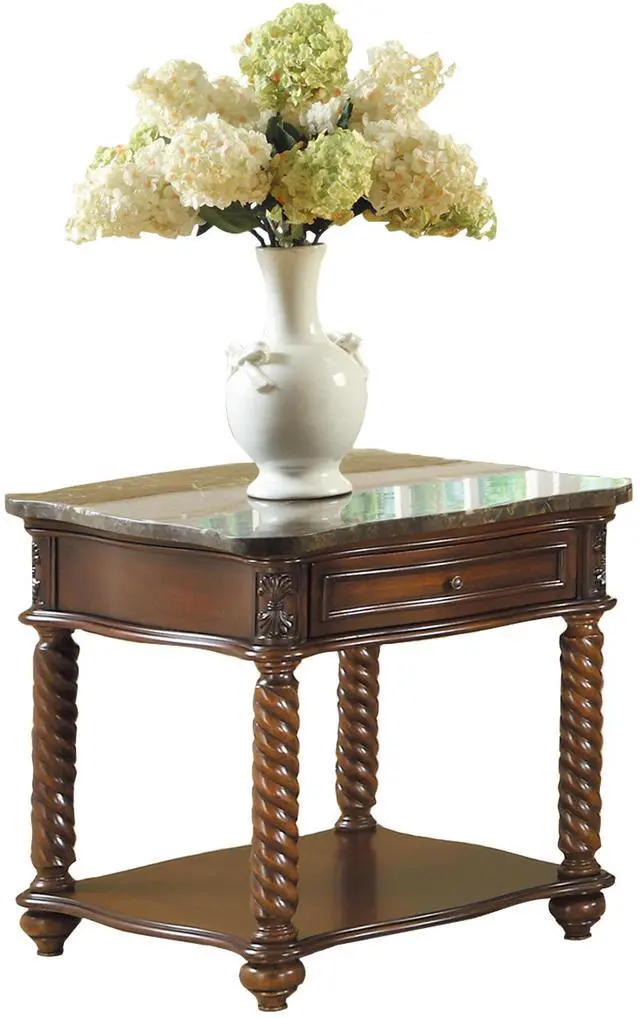Alt view image 3 of 5 - Traditional Formal Marble Top End Table with Drawer Lower Shelf Mahogany Finish Spiral Turned Legs Wooden 1pc Living Room Furniture Side Table