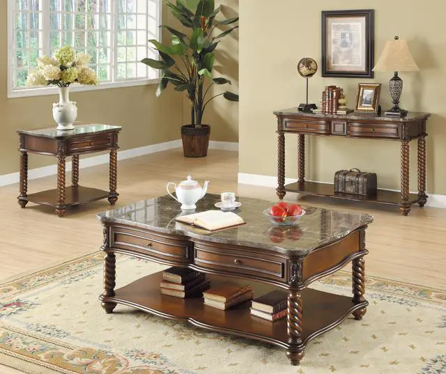 Alt view image 4 of 5 - Traditional Formal Marble Top End Table with Drawer Lower Shelf Mahogany Finish Spiral Turned Legs Wooden 1pc Living Room Furniture Side Table