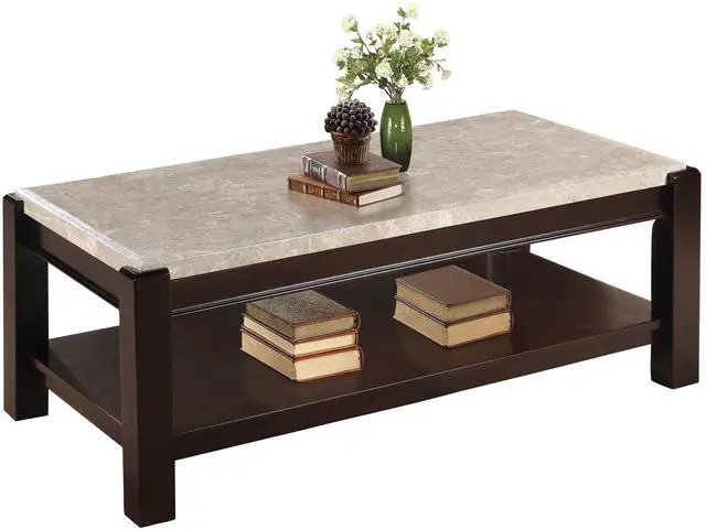 Main image of Genuine Marble Top Cocktail Table Dark Cherry Finish Wood Frame Contemporary Living Room Furniture 1pc Coffee Table