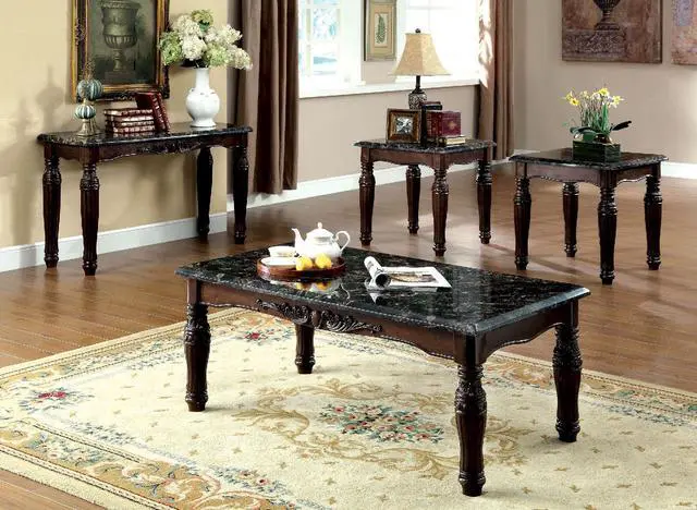 Main image of Traditional Espresso Solid wood 3pc Tables Set 1x Coffee Table and 2x End Tables Faux Marble Top Living Room Furniture