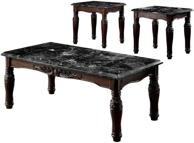 Alt view image 2 of 7 - Traditional Espresso Solid wood 3pc Tables Set 1x Coffee Table and 2x End Tables Faux Marble Top Living Room Furniture