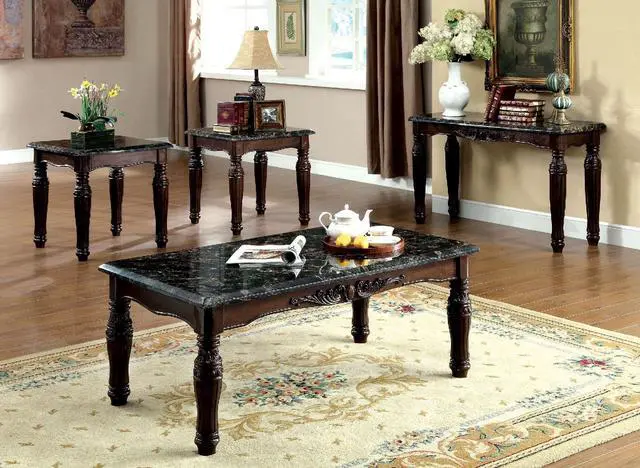 Alt view image 5 of 7 - Traditional Espresso Solid wood 3pc Tables Set 1x Coffee Table and 2x End Tables Faux Marble Top Living Room Furniture