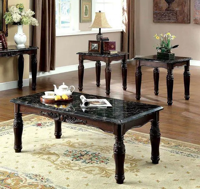 Alt view image 7 of 7 - Traditional Espresso Solid wood 3pc Tables Set 1x Coffee Table and 2x End Tables Faux Marble Top Living Room Furniture