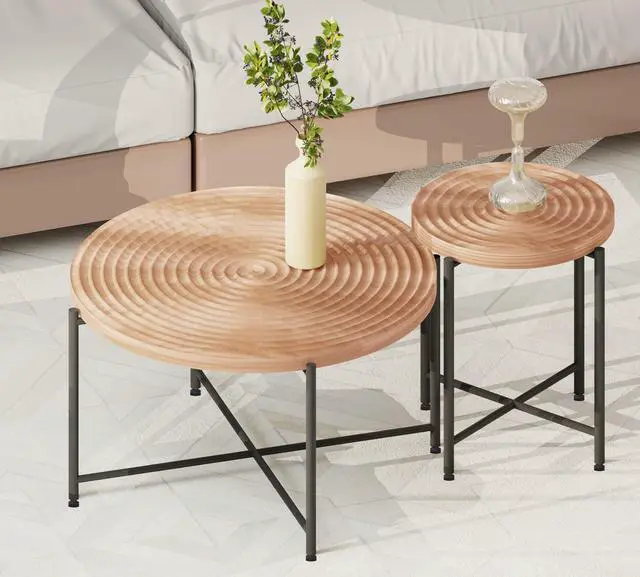 Main image of 2-Piece Coffee and End Table Set  Waterproof MDF with PVC Cover, Distressed Cylindrical Design, Black Metal Legs  Classic Rustic Charm, Red Cedar-Brown