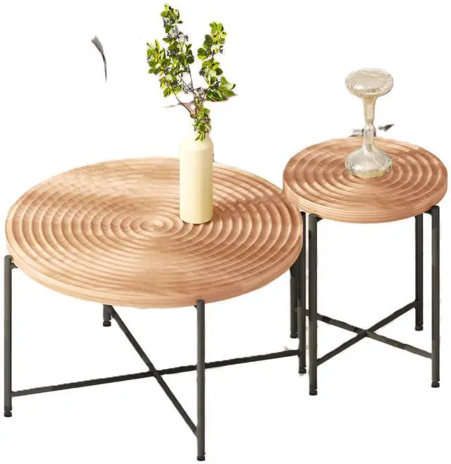 Alt view image 3 of 7 - 2-Piece Coffee and End Table Set  Waterproof MDF with PVC Cover, Distressed Cylindrical Design, Black Metal Legs  Classic Rustic Charm, Red Cedar-Brown