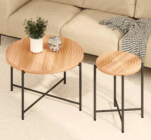Alt view image 2 of 7 - 2-Piece Coffee and End Table Set  Waterproof MDF with PVC Cover, Distressed Cylindrical Design, Black Metal Legs  Classic Rustic Charm, Red Cedar-Brown