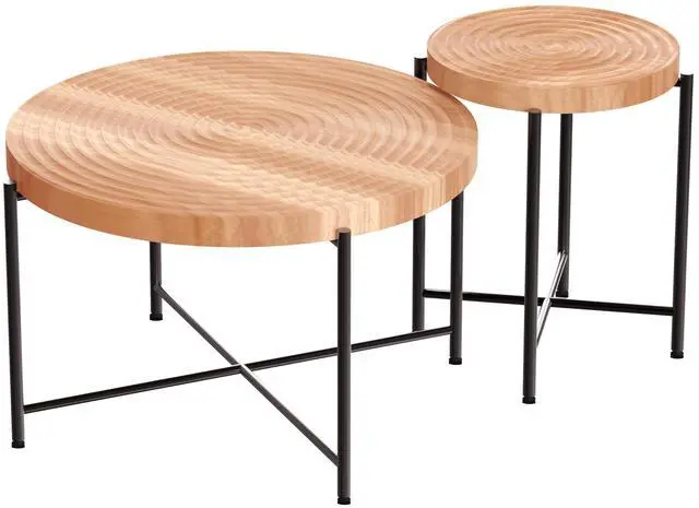 Alt view image 7 of 7 - 2-Piece Coffee and End Table Set  Waterproof MDF with PVC Cover, Distressed Cylindrical Design, Black Metal Legs  Classic Rustic Charm, Red Cedar-Brown