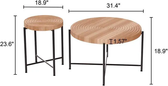 Alt view image 5 of 7 - 2-Piece Coffee and End Table Set  Waterproof MDF with PVC Cover, Distressed Cylindrical Design, Black Metal Legs  Classic Rustic Charm, Red Cedar-Brown
