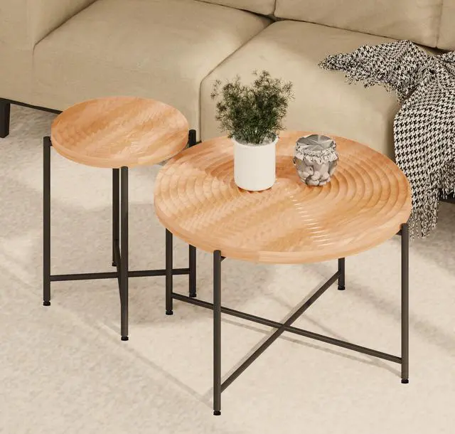 Alt view image 6 of 7 - 2-Piece Coffee and End Table Set  Waterproof MDF with PVC Cover, Distressed Cylindrical Design, Black Metal Legs  Classic Rustic Charm, Red Cedar-Brown