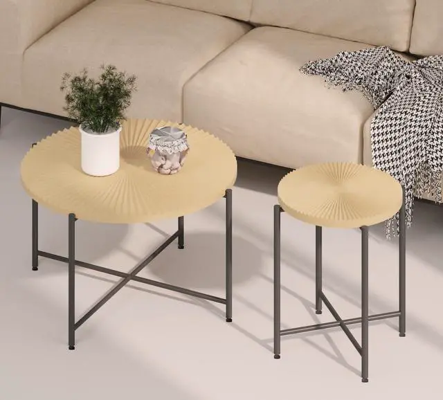 Alt view image 2 of 7 - Radial Pattern 2-Piece Coffee and End Table Set  Waterproof MDF with PVC Cover, Distressed Cylindrical Design, Black Metal Legs  Classic Rustic Charm, Technical Wood