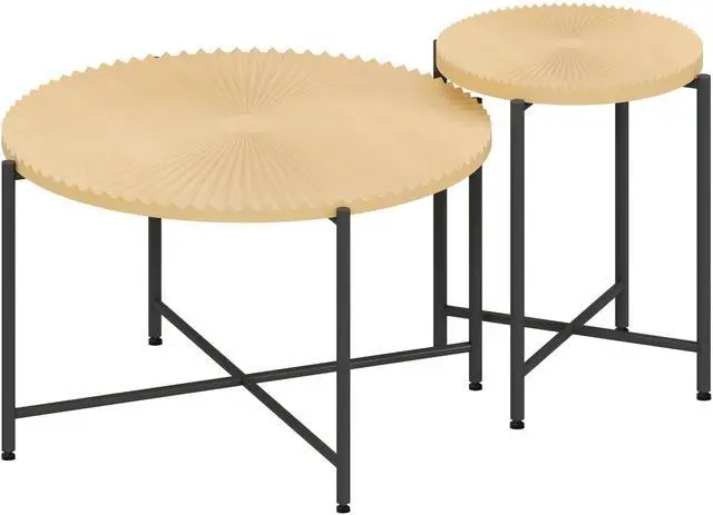Alt view image 5 of 7 - Radial Pattern 2-Piece Coffee and End Table Set  Waterproof MDF with PVC Cover, Distressed Cylindrical Design, Black Metal Legs  Classic Rustic Charm, Technical Wood
