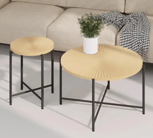 Alt view image 3 of 7 - Radial Pattern 2-Piece Coffee and End Table Set  Waterproof MDF with PVC Cover, Distressed Cylindrical Design, Black Metal Legs  Classic Rustic Charm, Technical Wood