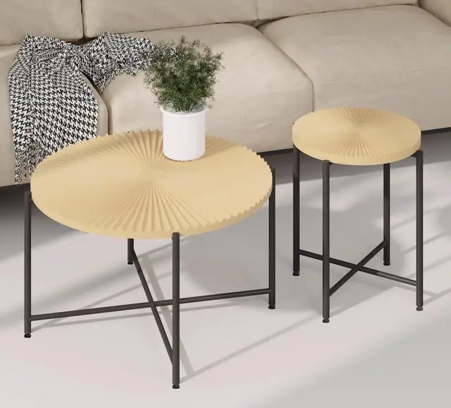Alt view image 7 of 7 - Radial Pattern 2-Piece Coffee and End Table Set  Waterproof MDF with PVC Cover, Distressed Cylindrical Design, Black Metal Legs  Classic Rustic Charm, Technical Wood