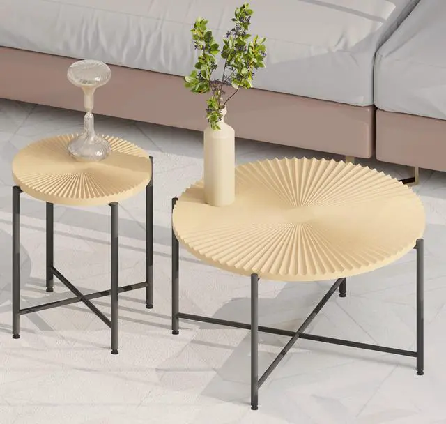 Alt view image 6 of 7 - Radial Pattern 2-Piece Coffee and End Table Set  Waterproof MDF with PVC Cover, Distressed Cylindrical Design, Black Metal Legs  Classic Rustic Charm, Technical Wood