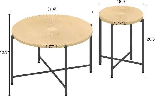 Alt view image 4 of 7 - Radial Pattern 2-Piece Coffee and End Table Set  Waterproof MDF with PVC Cover, Distressed Cylindrical Design, Black Metal Legs  Classic Rustic Charm, Technical Wood