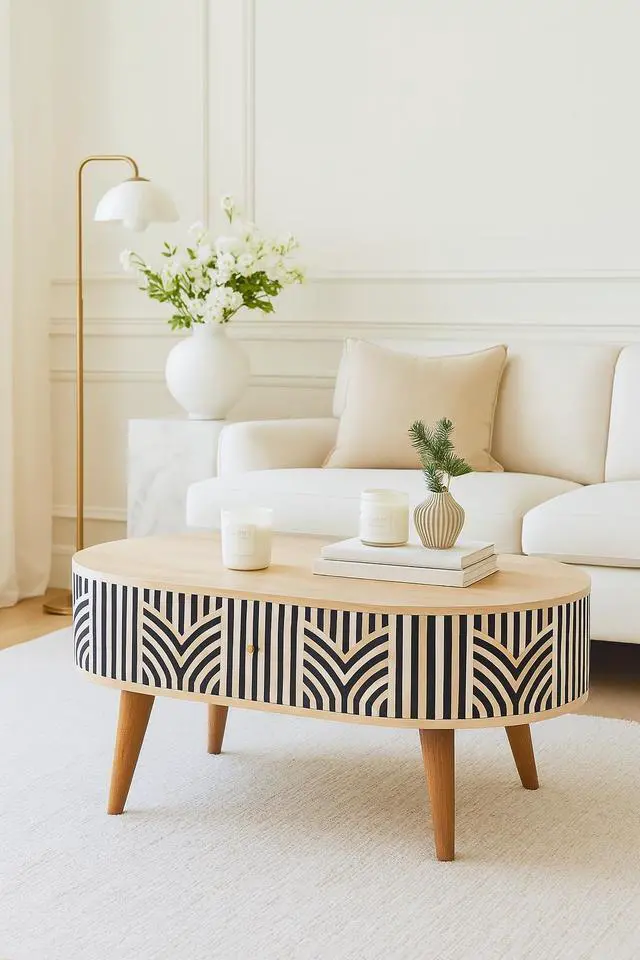 Main image of Edessa Bone Inlay Coffee Table, 2 Drawers,Nordic Legs