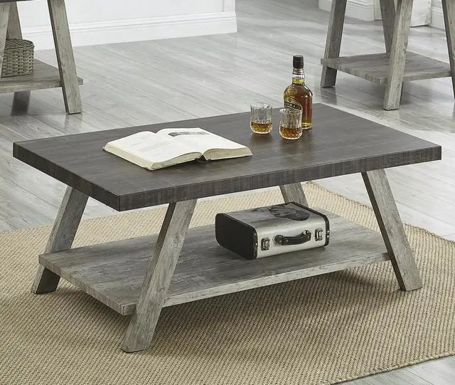 Alt view image 3 of 4 - Athens Contemporary Two-Tone Wood Shelf Coffee Table in Weathered Walnut and Gray