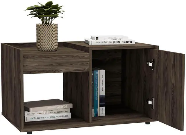 Alt view image 3 of 6 - Coffee Table, One Open Shelf, Single Door Cabinet, Dark Walnut