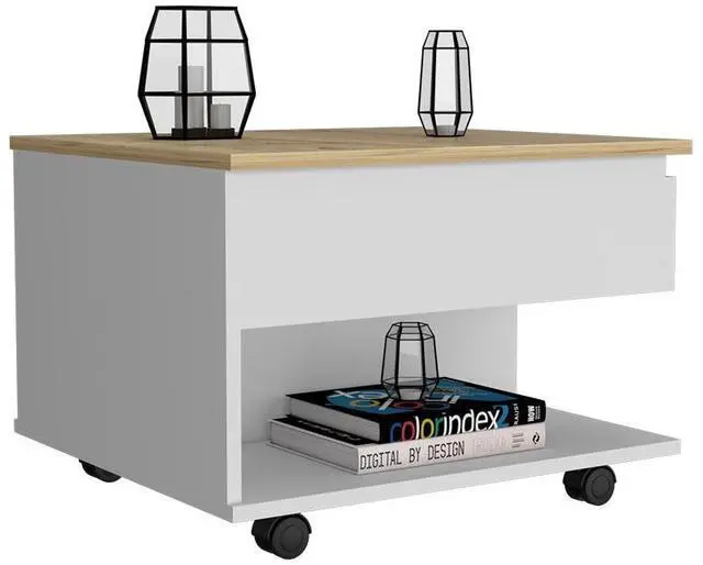 Alt view image 4 of 6 - Lift Top Coffee Table, Casters, One Shelf, White / Light Oak