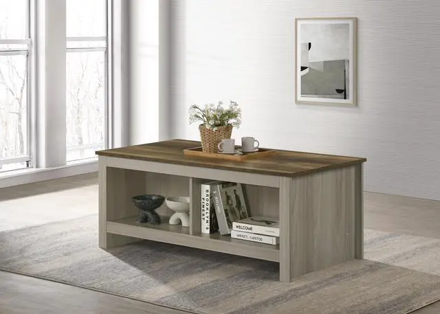 Main image of Nyla 43"W Gray Oak Coffee Table with Open Shelves Front and Back