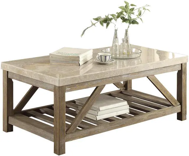Alt view image 2 of 7 - Industrial Style Angled Support 1pc Cocktail Table with Bottom Shelf Marble Top Creamy White Wooden Living Room Furniture Coffee Table
