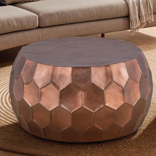 Main image of CT101 Modern Contemporary Round Aluminum material 32" Coffee Table, Farmhouse Table with Glossy Diamond-Patterned Base Copper      same asG150108440  (NJ inventory)