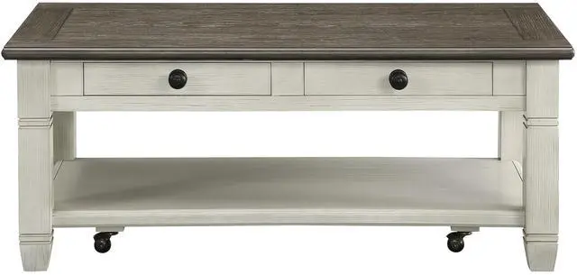 Main image of Rosy Brown and Antique White Finish 1pc Cocktail Table with Casters 2 Drawers Bottom Shelf Wooden Living Room Furniture