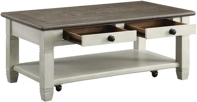 Alt view image 3 of 6 - Rosy Brown and Antique White Finish 1pc Cocktail Table with Casters 2 Drawers Bottom Shelf Wooden Living Room Furniture
