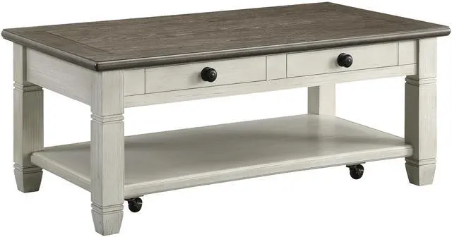 Alt view image 2 of 6 - Rosy Brown and Antique White Finish 1pc Cocktail Table with Casters 2 Drawers Bottom Shelf Wooden Living Room Furniture