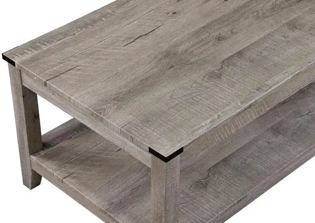 Alt view image 4 of 6 - Rustic Gray Brown 3-Piece Cocktail Set Wooden Table Top Rectangular Coffee Table and Two Matching Square End Tables Living Room Wooden Furniture Retro