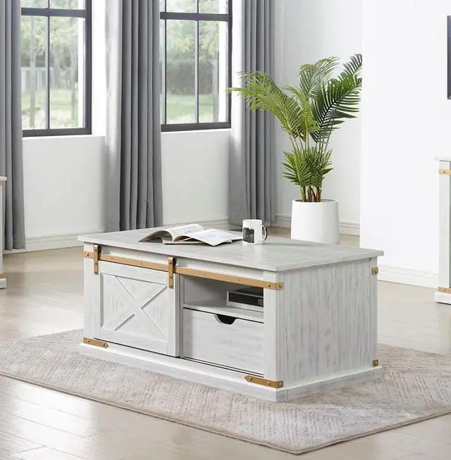 Alt view image 3 of 7 - Antique White Gold Accents Rustic Style 1pc Coffee Table Storage Drawer Shelve Living Room Tables