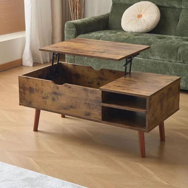 Alt view image 4 of 7 - Wood Lift Top Coffee Table with Hidden Compartment and Adjustable Storage Shelf, Lift Tabletop Dining Table for Home Living Room, Office
