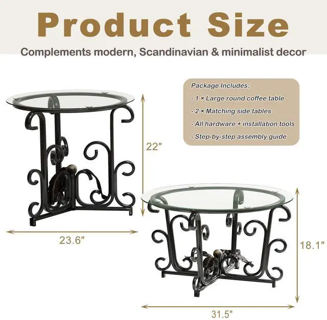 Alt view image 2 of 7 - 3-Piece Coffee Table Set, Tempered Glass Surface with Sturdy Metal Frame - Modern Living Room Sets (1 Coffee Table + 2 End Tables), Scratch-Resistant & Easy to Clean for Small Spaces, Apartments