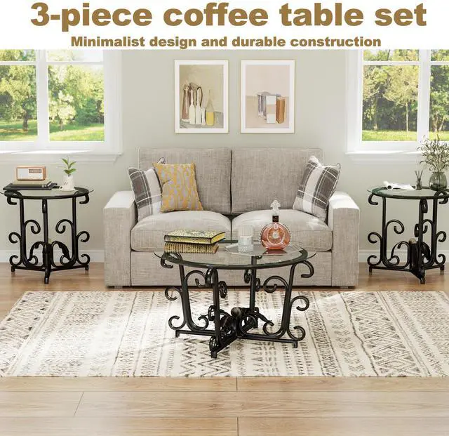 Alt view image 4 of 7 - 3-Piece Coffee Table Set, Tempered Glass Surface with Sturdy Metal Frame - Modern Living Room Sets (1 Coffee Table + 2 End Tables), Scratch-Resistant & Easy to Clean for Small Spaces, Apartments