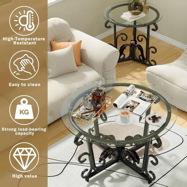 Alt view image 5 of 7 - 3-Piece Coffee Table Set, Tempered Glass Surface with Sturdy Metal Frame - Modern Living Room Sets (1 Coffee Table + 2 End Tables), Scratch-Resistant & Easy to Clean for Small Spaces, Apartments