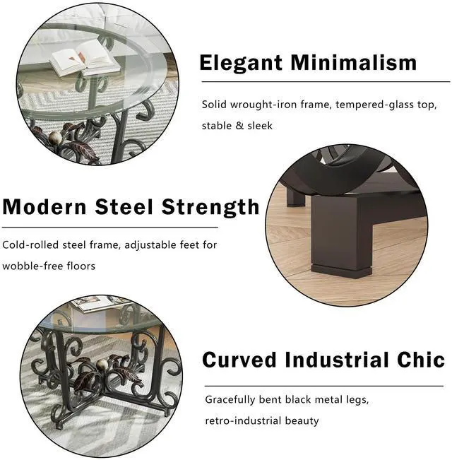 Alt view image 3 of 7 - 3-Piece Coffee Table Set, Tempered Glass Surface with Sturdy Metal Frame - Modern Living Room Sets (1 Coffee Table + 2 End Tables), Scratch-Resistant & Easy to Clean for Small Spaces, Apartments