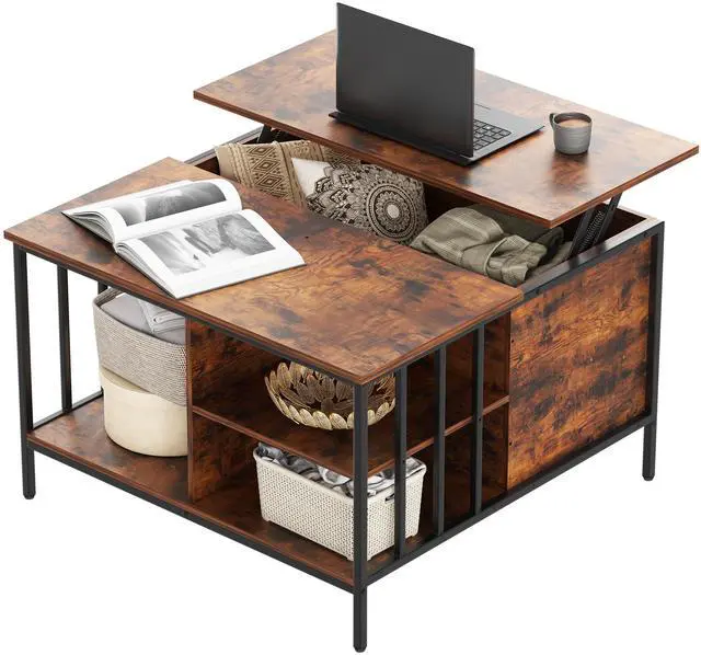 Alt view image 2 of 7 - Farmhouse Lift Top Coffee Table with Storage - 31.5" Adjustable Height Living Room Table, Multifunctional Center for Family with Hidden Compartment & 3 Shelves(110lbs Capacity, Easy to Clean)