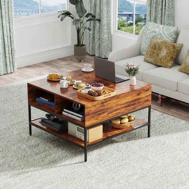 Alt view image 2 of 7 - Farmhouse Flip Top Coffee Table with Storage  31.5" Rustic Wood Grain Table, Hidden Storage Compartment for Living Room, Sturdy Metal Frame  Easy to Assemble & Clean