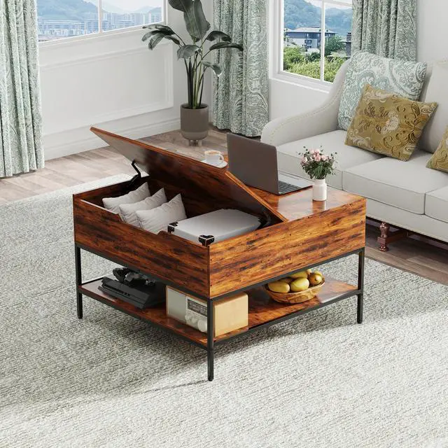 Alt view image 3 of 7 - Farmhouse Flip Top Coffee Table with Storage  31.5" Rustic Wood Grain Table, Hidden Storage Compartment for Living Room, Sturdy Metal Frame  Easy to Assemble & Clean