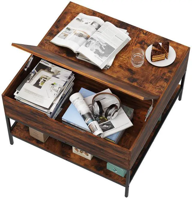 Alt view image 5 of 7 - Farmhouse Flip Top Coffee Table with Storage  31.5" Rustic Wood Grain Table, Hidden Storage Compartment for Living Room, Sturdy Metal Frame  Easy to Assemble & Clean