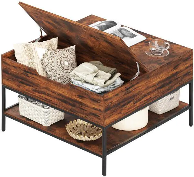 Alt view image 4 of 7 - Farmhouse Flip Top Coffee Table with Storage  31.5" Rustic Wood Grain Table, Hidden Storage Compartment for Living Room, Sturdy Metal Frame  Easy to Assemble & Clean